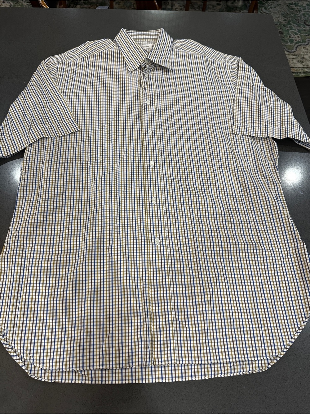 Brioni Short-Sleeve Button-Down Check Shirt - Blue & Tan Made in Italy